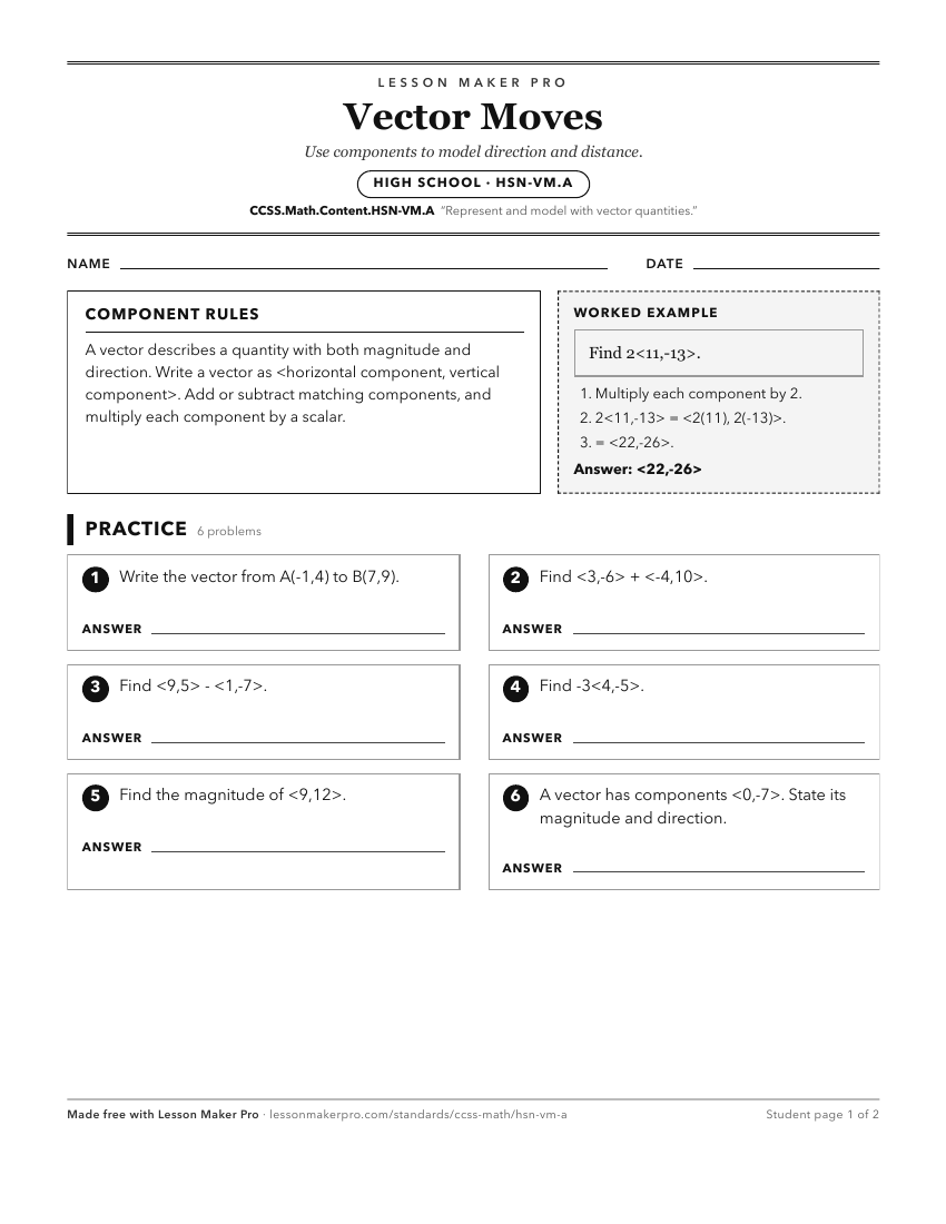 Preview of the CCSS.Math.Content.HSN-VM.A printable worksheet