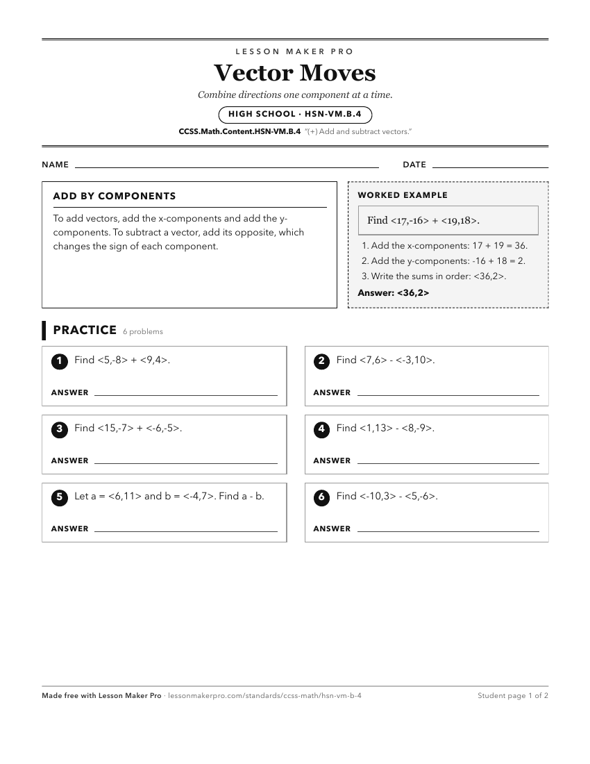 Preview of the CCSS.Math.Content.HSN-VM.B.4 printable worksheet