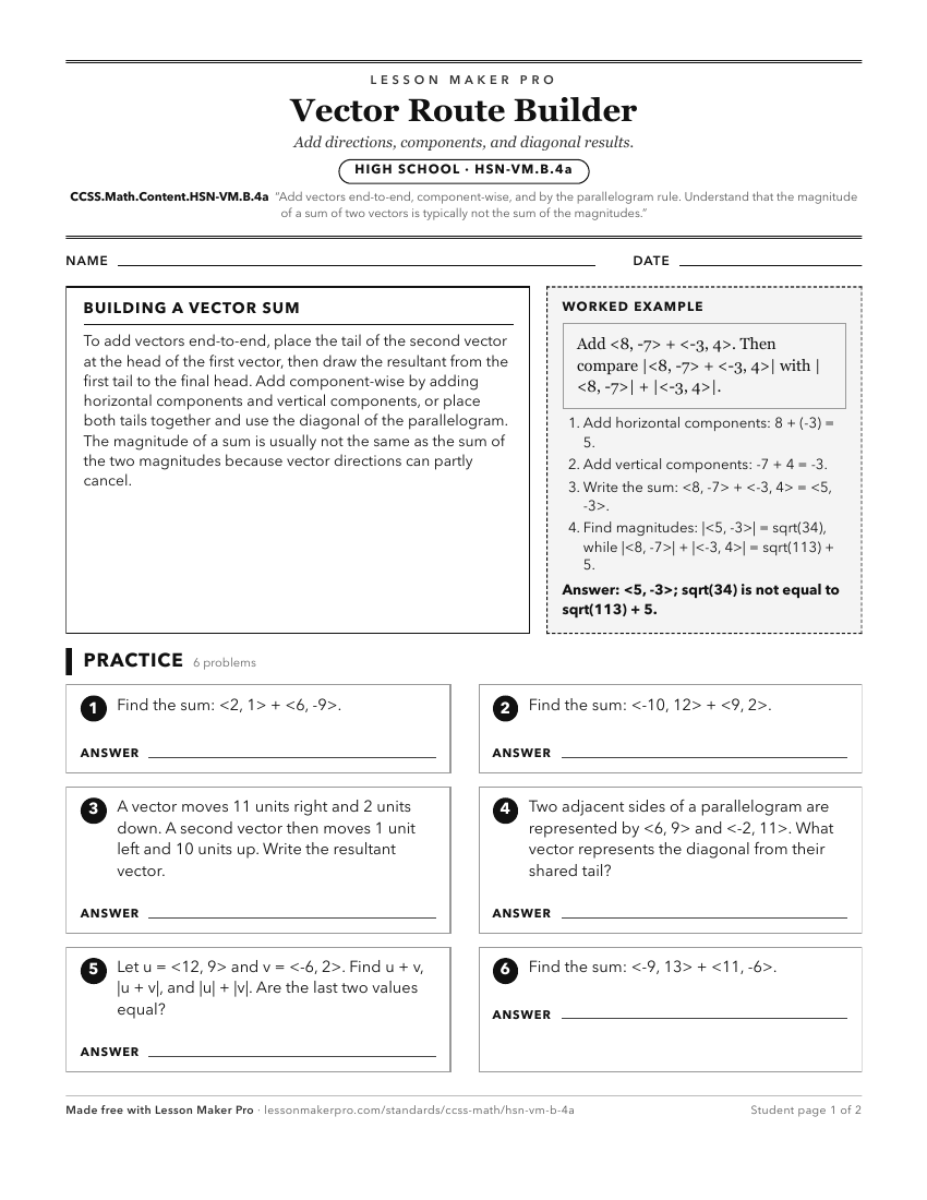 Preview of the CCSS.Math.Content.HSN-VM.B.4a printable worksheet