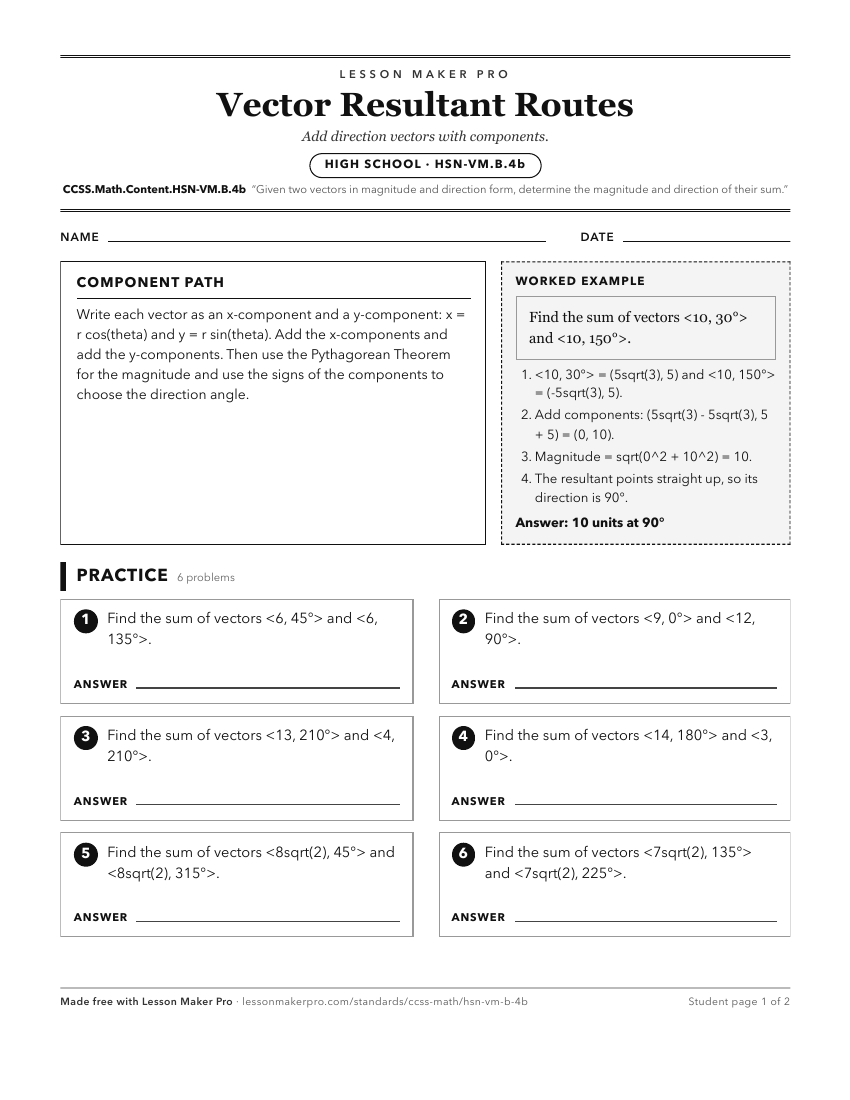 Preview of the CCSS.Math.Content.HSN-VM.B.4b printable worksheet