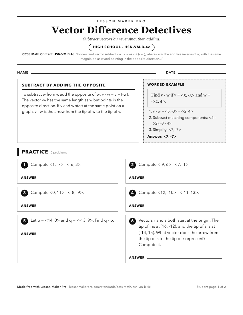 Preview of the CCSS.Math.Content.HSN-VM.B.4c printable worksheet