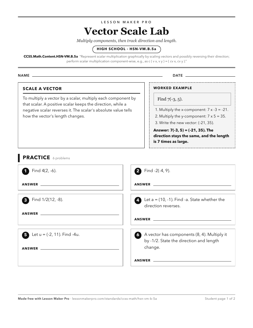 Preview of the CCSS.Math.Content.HSN-VM.B.5a printable worksheet
