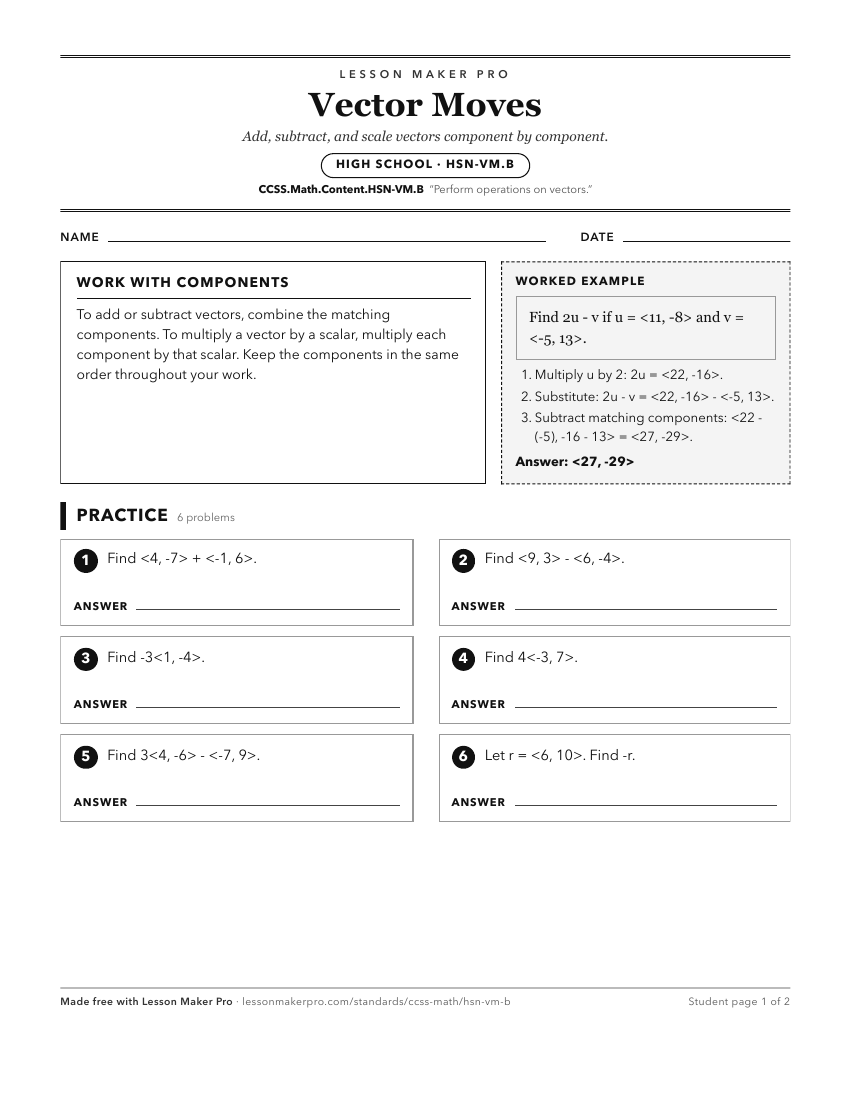 Preview of the CCSS.Math.Content.HSN-VM.B printable worksheet