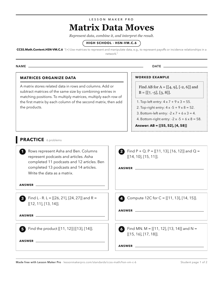 Preview of the CCSS.Math.Content.HSN-VM.C.6 printable worksheet