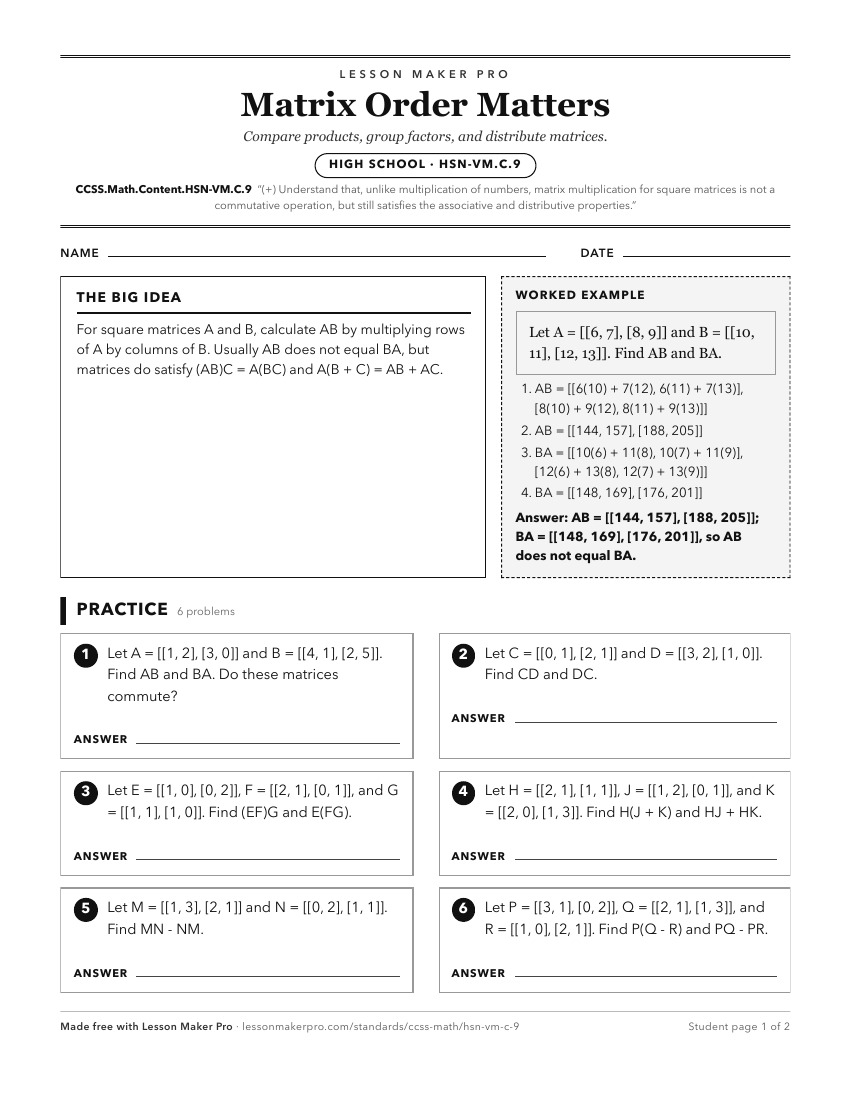 Preview of the CCSS.Math.Content.HSN-VM.C.9 printable worksheet