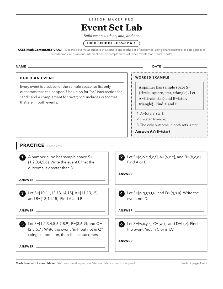 Preview of the CCSS.Math.Content.HSS-CP.A.1 printable worksheet