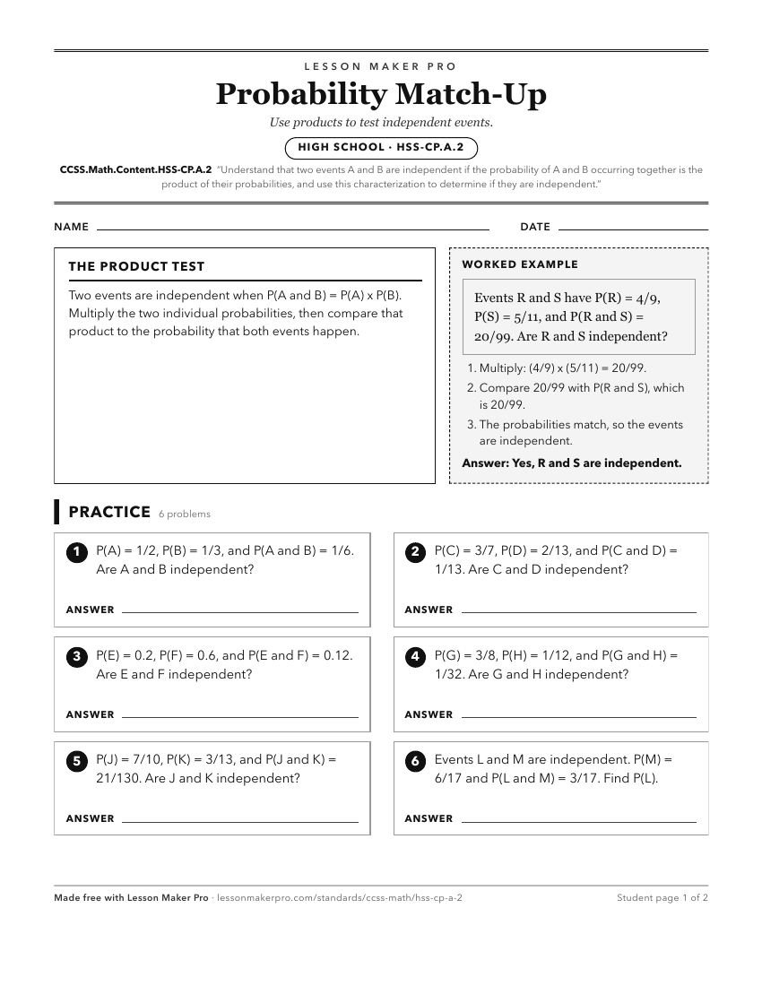 Preview of the CCSS.Math.Content.HSS-CP.A.2 printable worksheet
