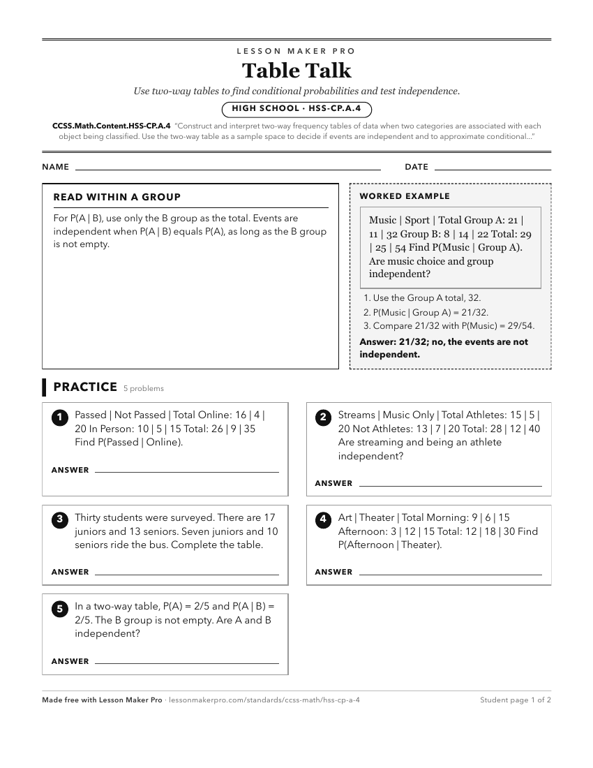 Preview of the CCSS.Math.Content.HSS-CP.A.4 printable worksheet