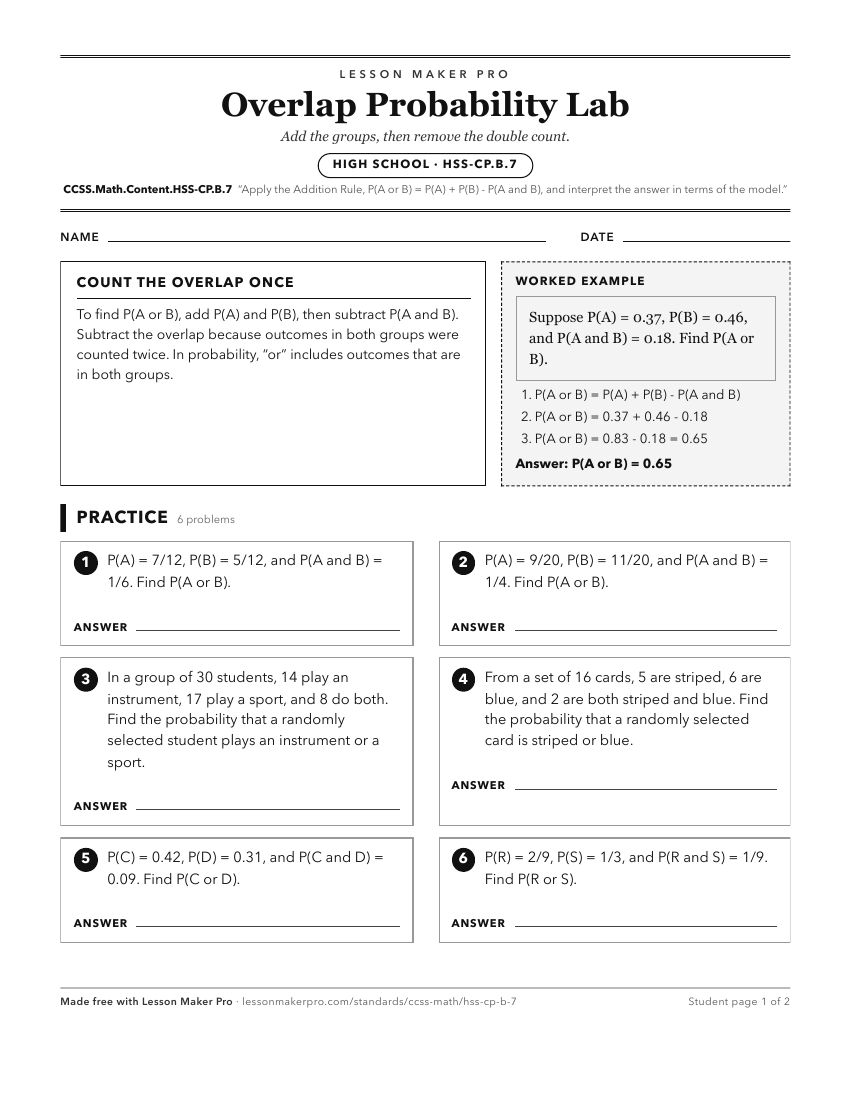 Preview of the CCSS.Math.Content.HSS-CP.B.7 printable worksheet