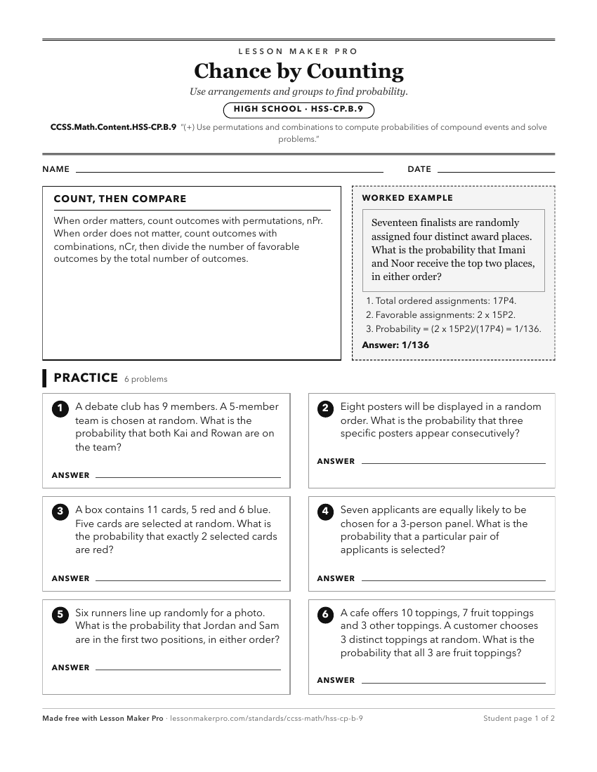 Preview of the CCSS.Math.Content.HSS-CP.B.9 printable worksheet