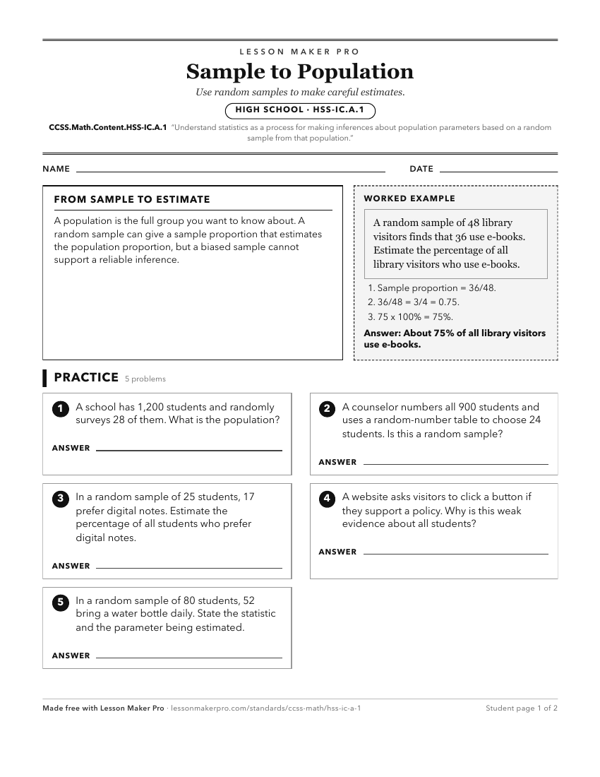 Preview of the CCSS.Math.Content.HSS-IC.A.1 printable worksheet