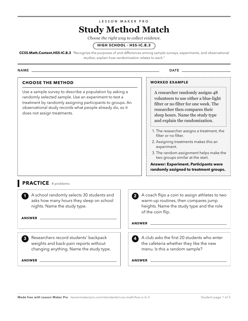 Preview of the CCSS.Math.Content.HSS-IC.B.3 printable worksheet