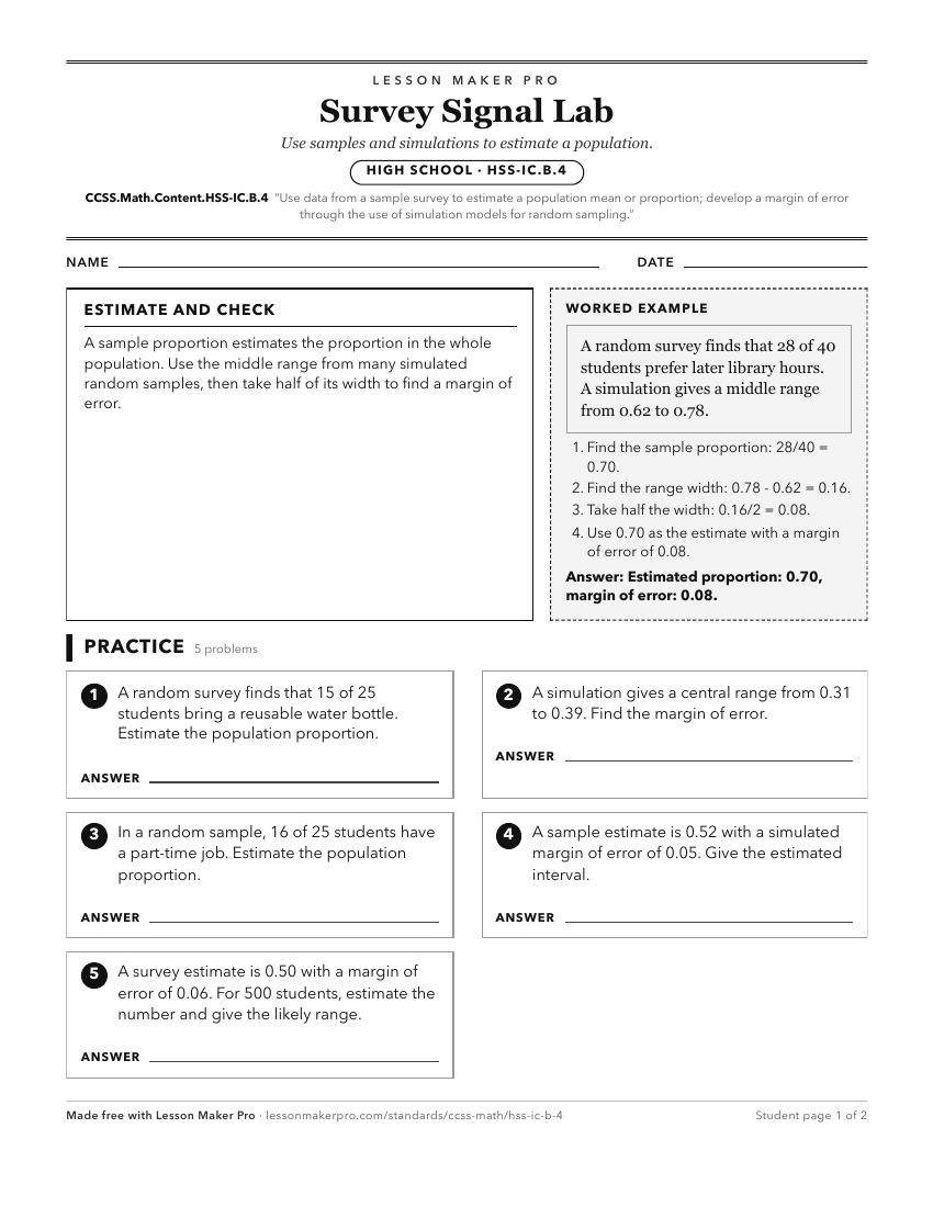 Preview of the CCSS.Math.Content.HSS-IC.B.4 printable worksheet