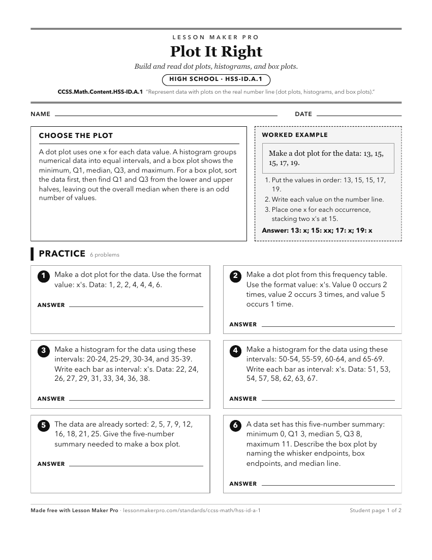 Preview of the CCSS.Math.Content.HSS-ID.A.1 printable worksheet