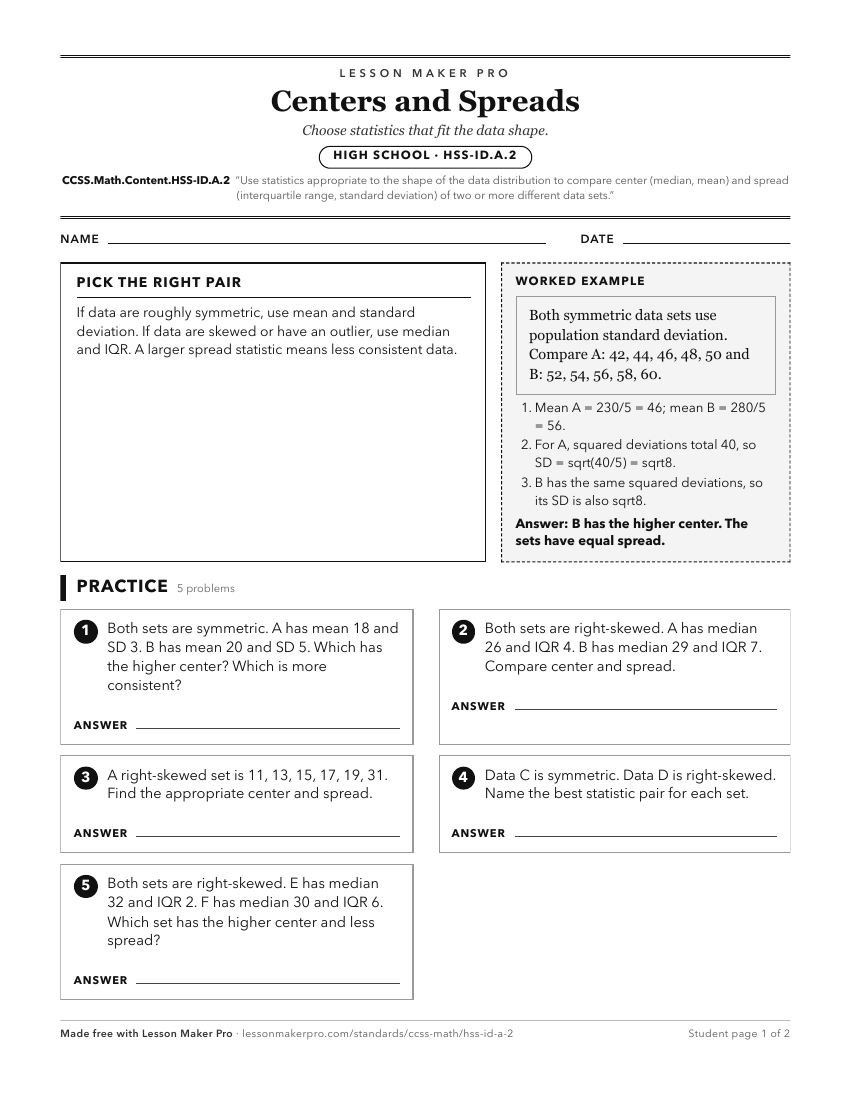 Preview of the CCSS.Math.Content.HSS-ID.A.2 printable worksheet