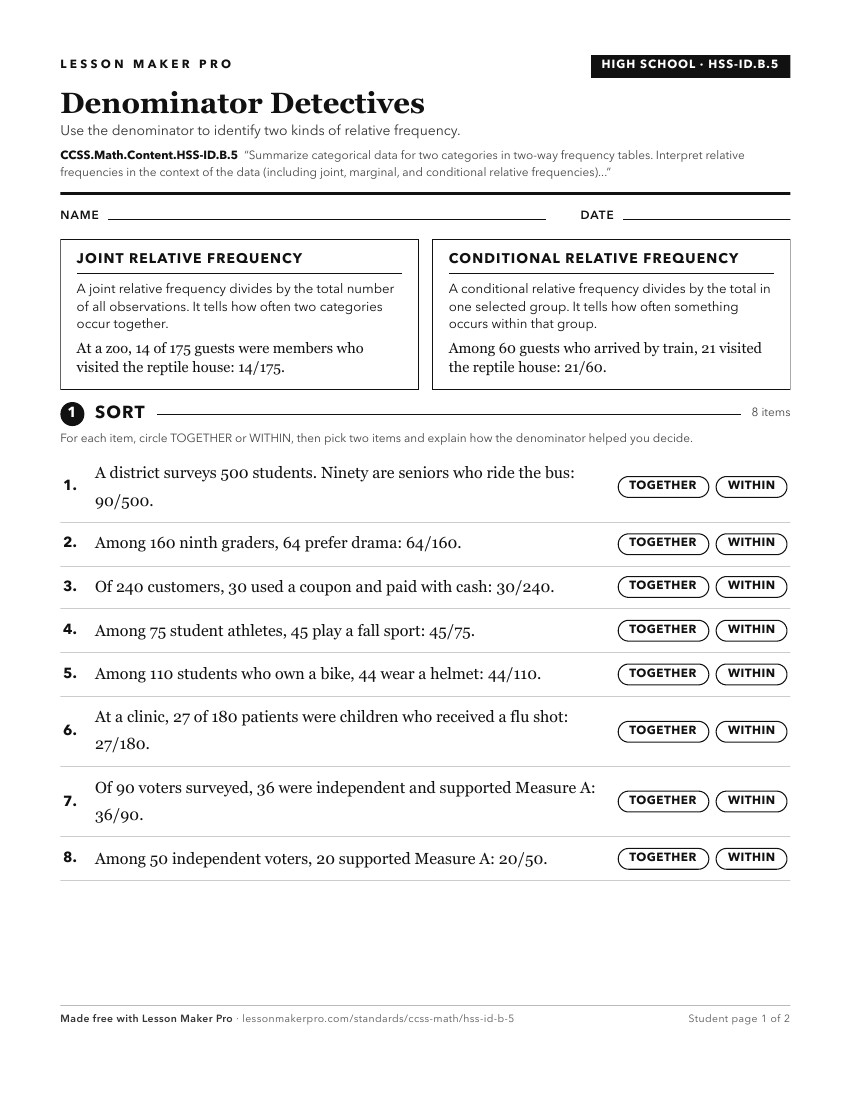 Preview of the CCSS.Math.Content.HSS-ID.B.5 printable worksheet