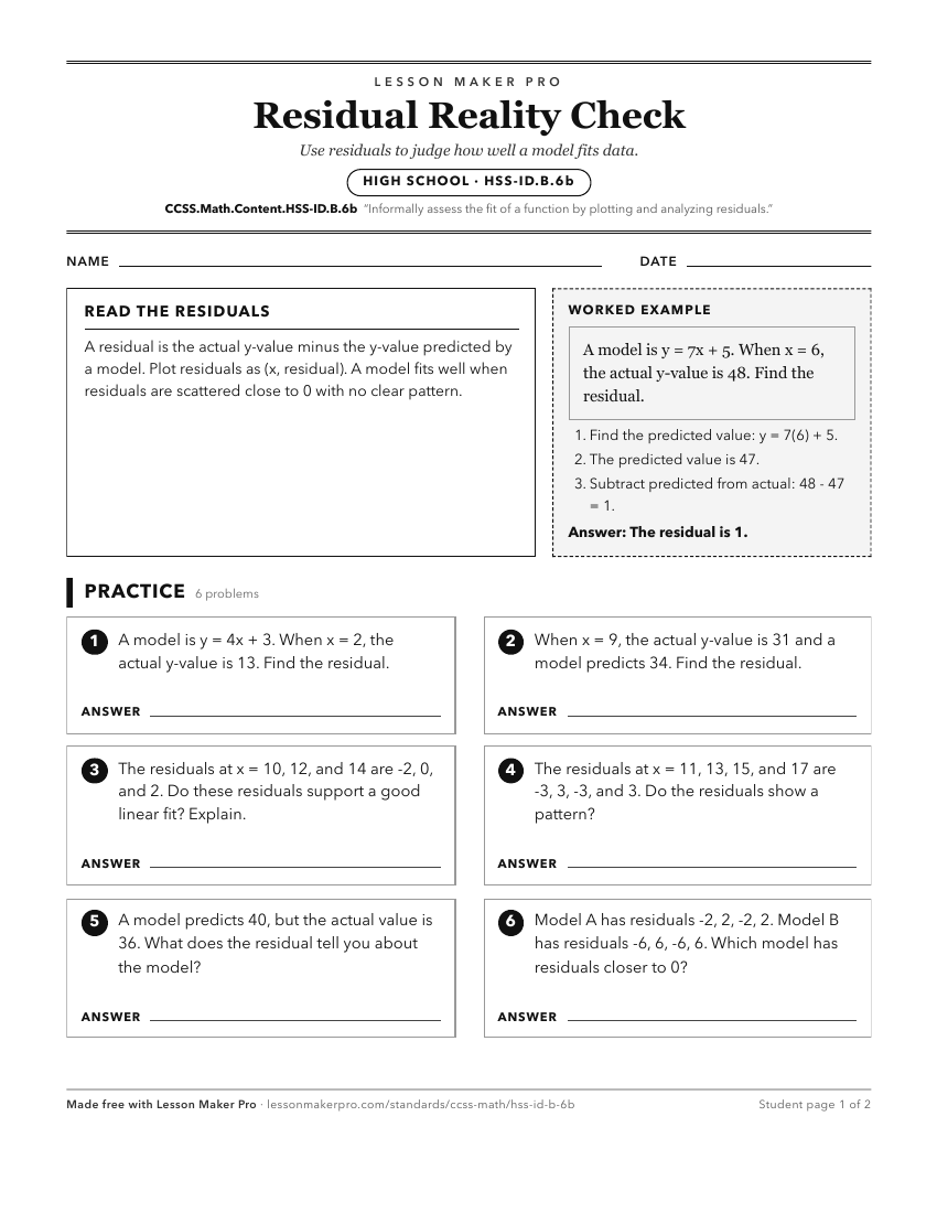 Preview of the CCSS.Math.Content.HSS-ID.B.6b printable worksheet