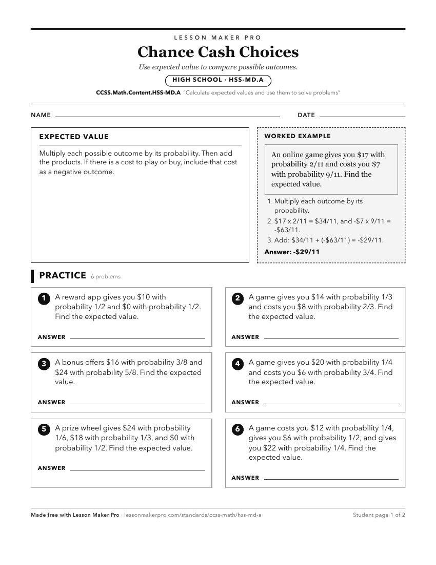 Preview of the CCSS.Math.Content.HSS-MD.A printable worksheet