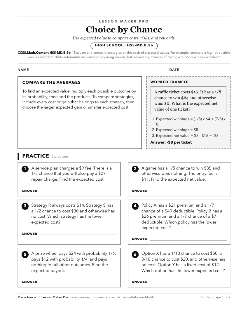 Preview of the CCSS.Math.Content.HSS-MD.B.5b printable worksheet
