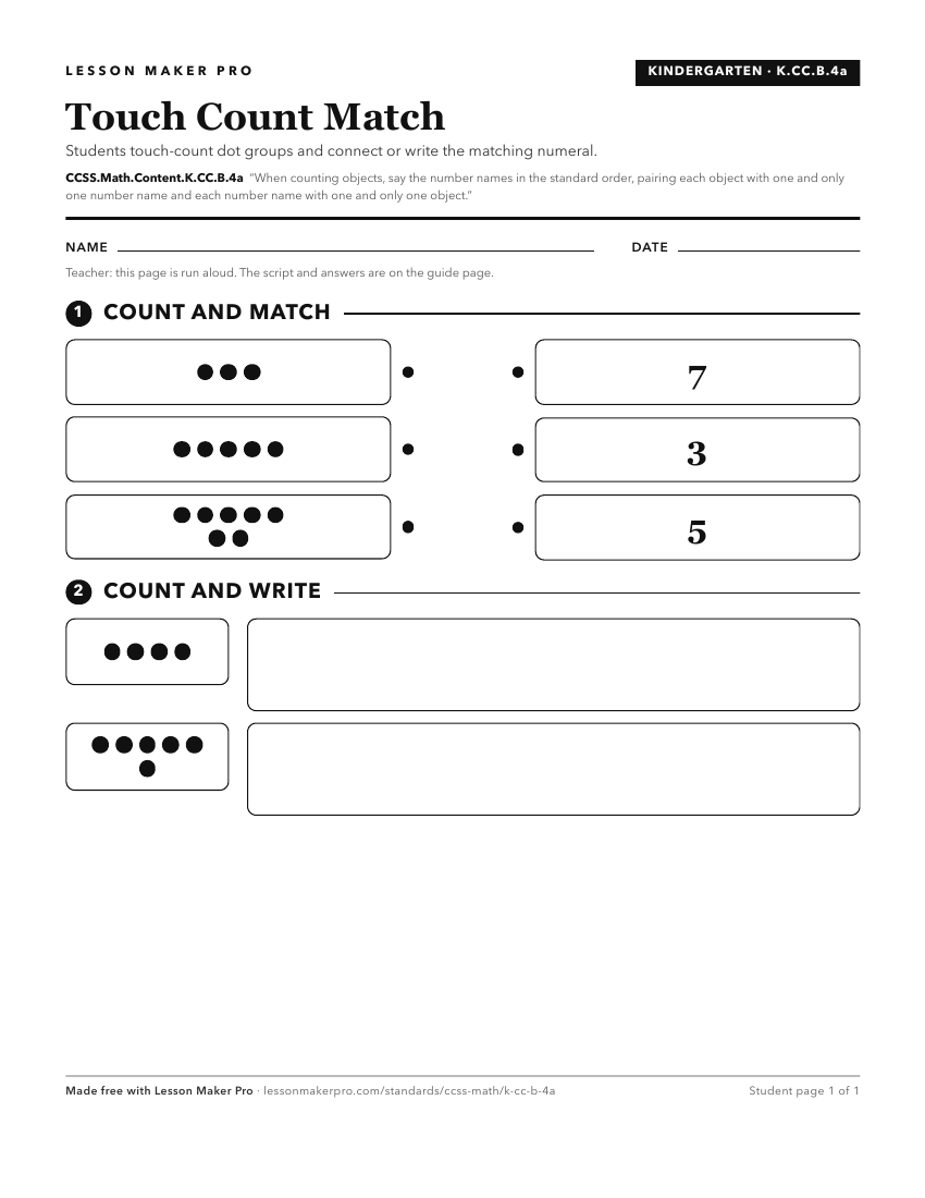 Preview of the CCSS.Math.Content.K.CC.B.4a printable worksheet