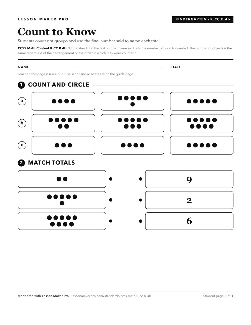 Preview of the CCSS.Math.Content.K.CC.B.4b printable worksheet