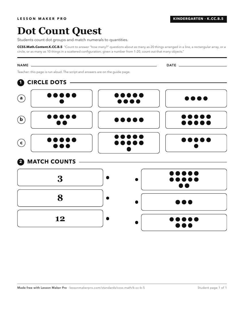 Preview of the CCSS.Math.Content.K.CC.B.5 printable worksheet