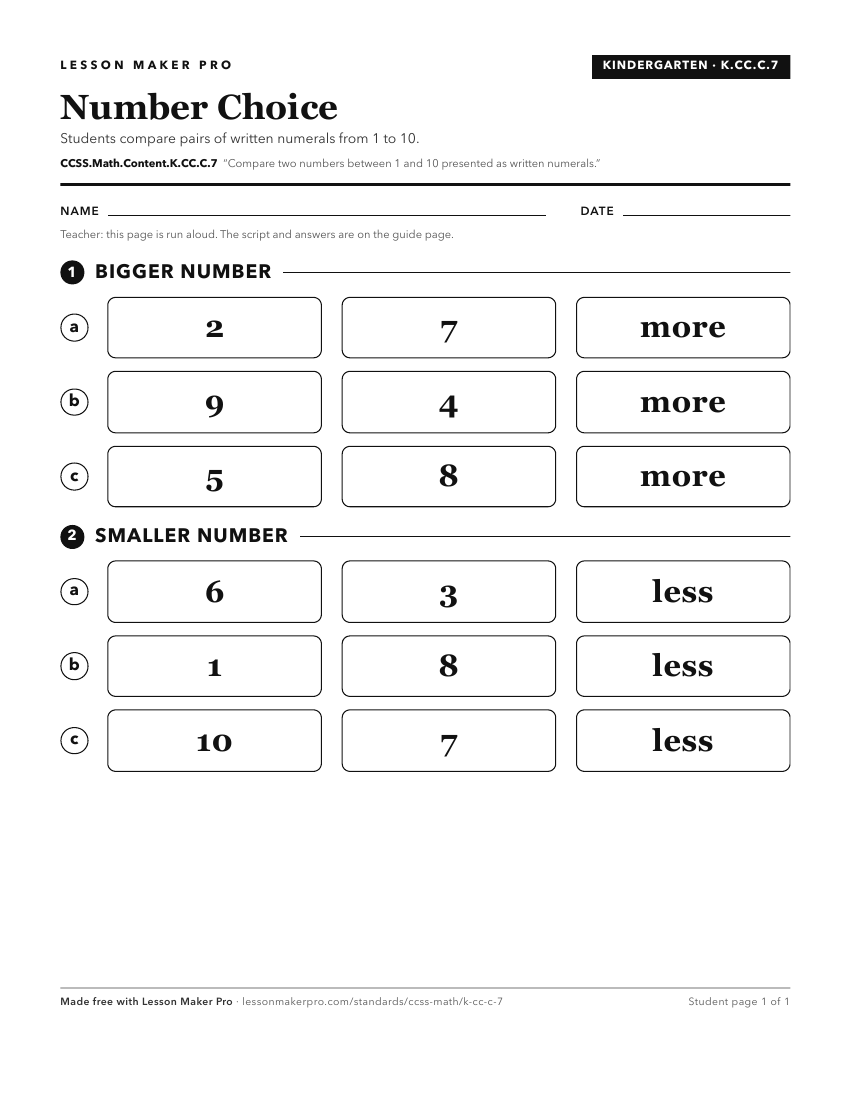 Preview of the CCSS.Math.Content.K.CC.C.7 printable worksheet