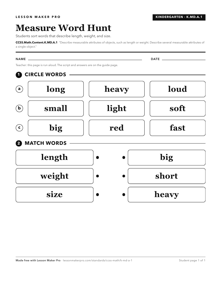 Preview of the CCSS.Math.Content.K.MD.A.1 printable worksheet