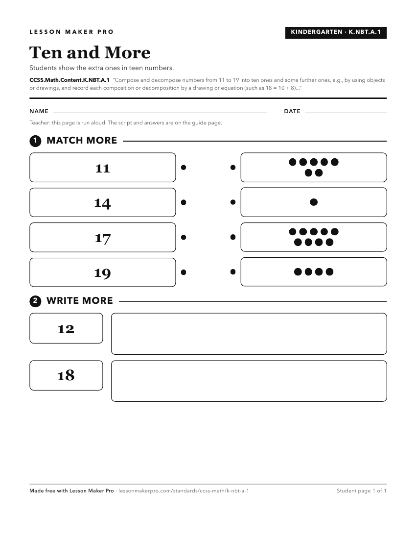 Preview of the CCSS.Math.Content.K.NBT.A.1 printable worksheet