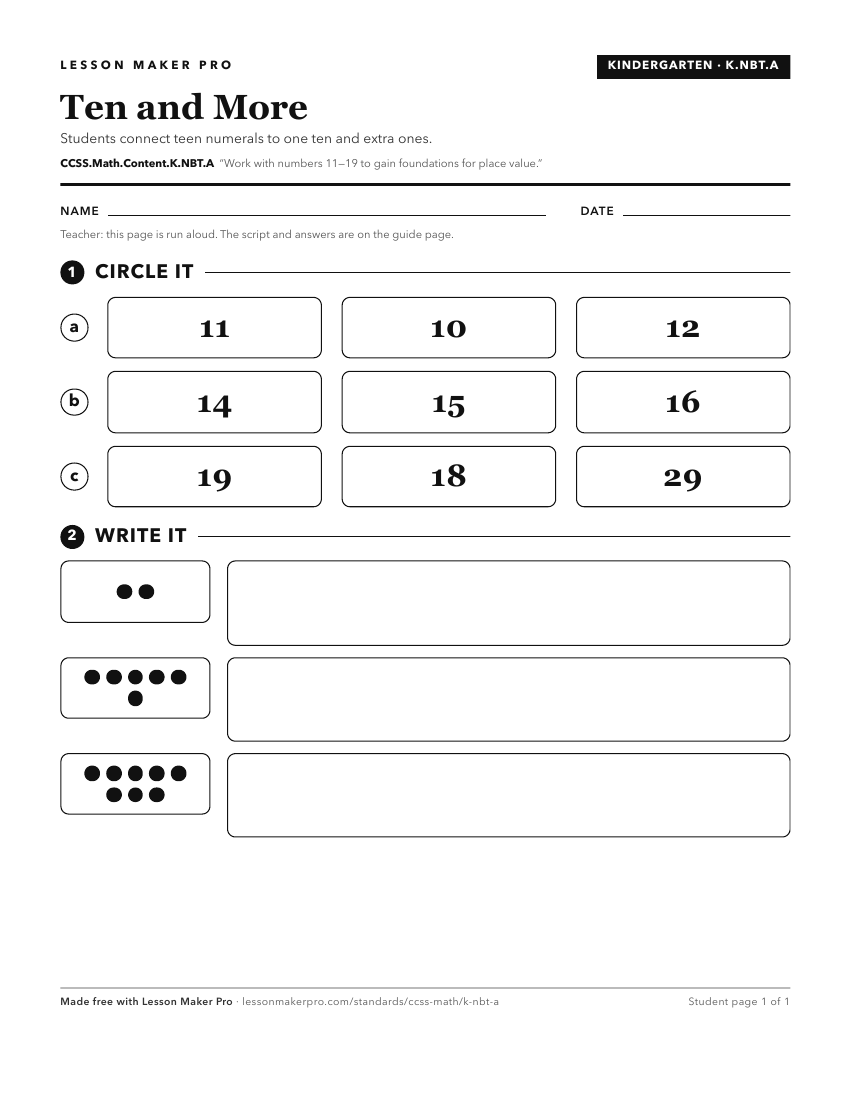 Preview of the CCSS.Math.Content.K.NBT.A printable worksheet