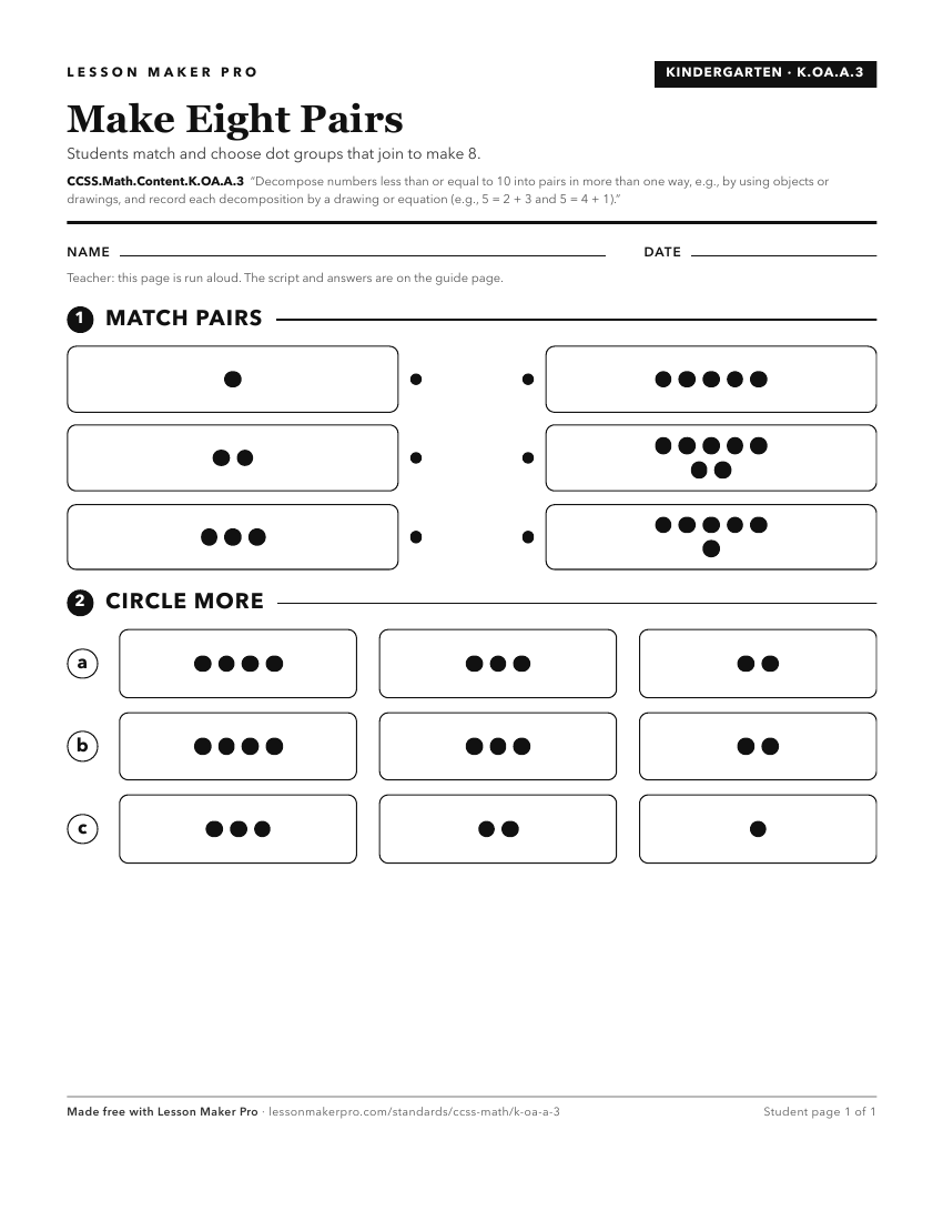 Preview of the CCSS.Math.Content.K.OA.A.3 printable worksheet