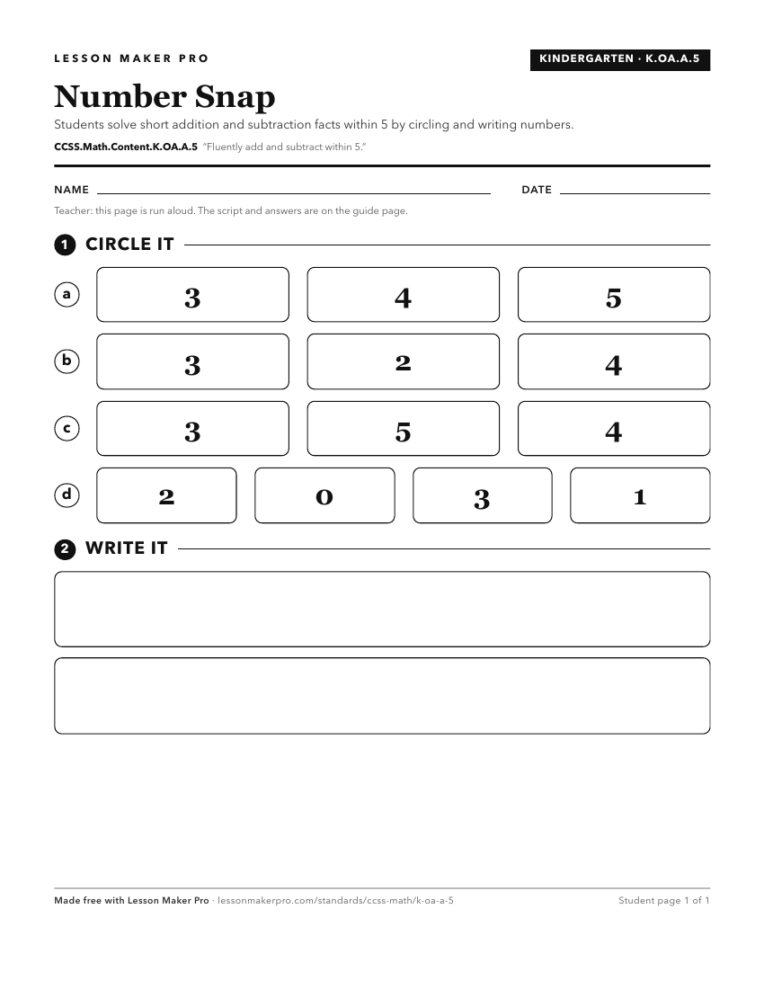Preview of the CCSS.Math.Content.K.OA.A.5 printable worksheet