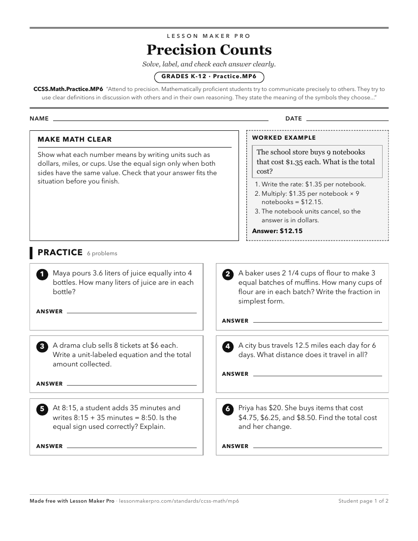 Preview of the CCSS.Math.Practice.MP6 printable worksheet