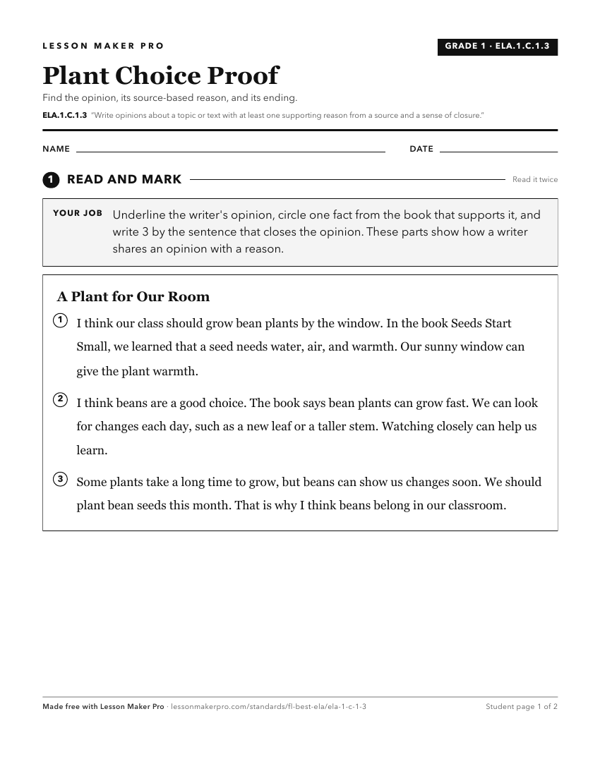Preview of the ELA.1.C.1.3 printable worksheet
