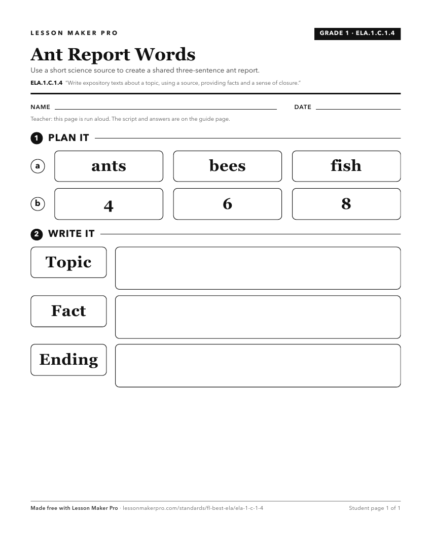 Preview of the ELA.1.C.1.4 printable worksheet