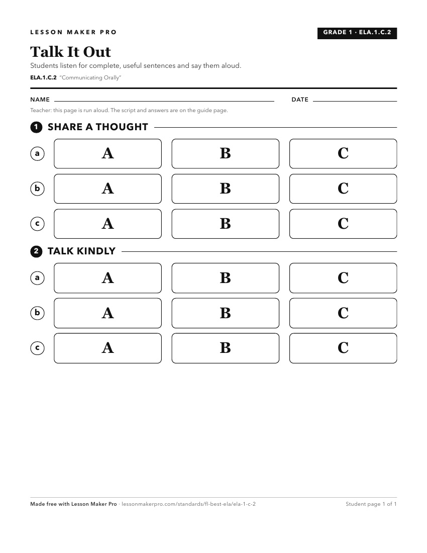 Preview of the ELA.1.C.2 printable worksheet