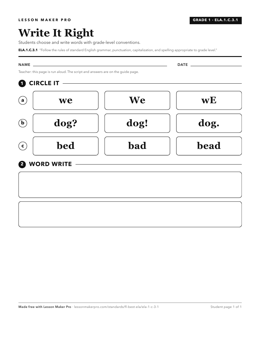 Preview of the ELA.1.C.3.1 printable worksheet