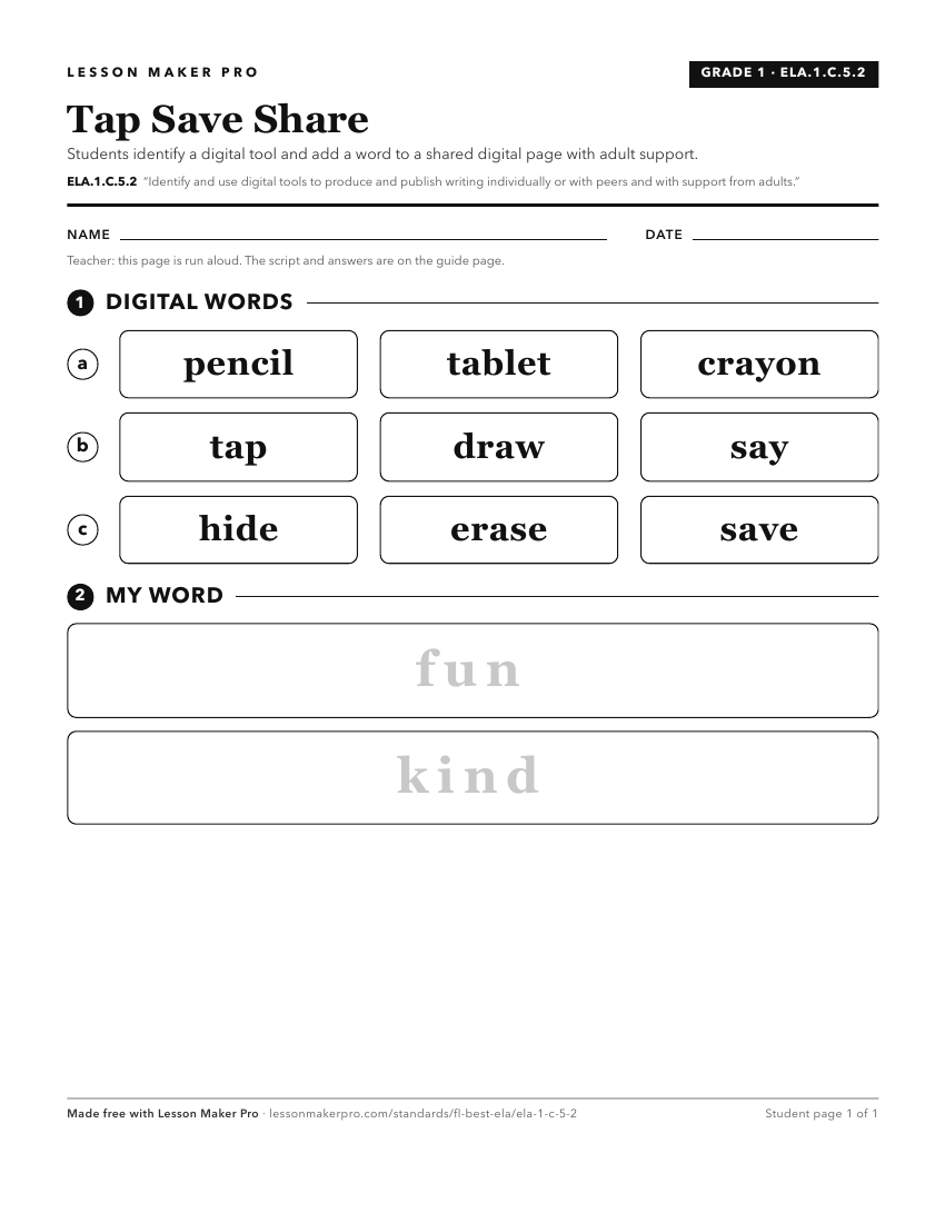 Preview of the ELA.1.C.5.2 printable worksheet