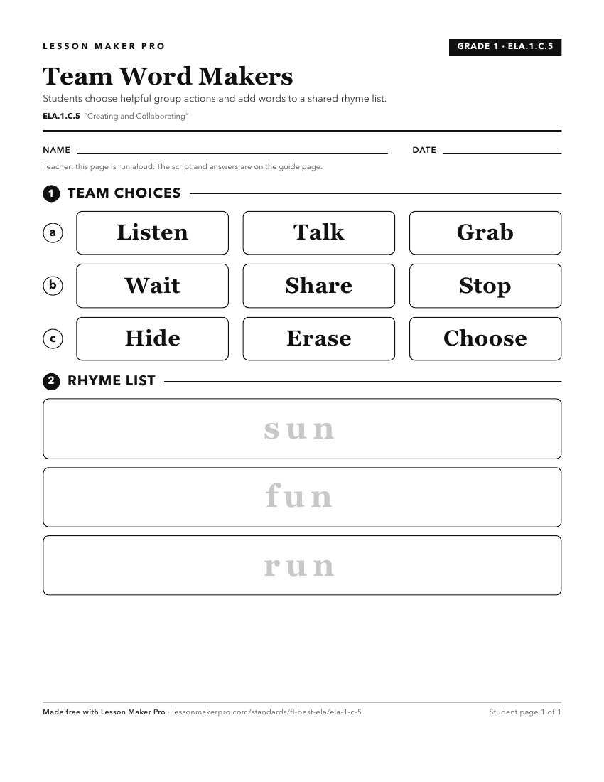 Preview of the ELA.1.C.5 printable worksheet