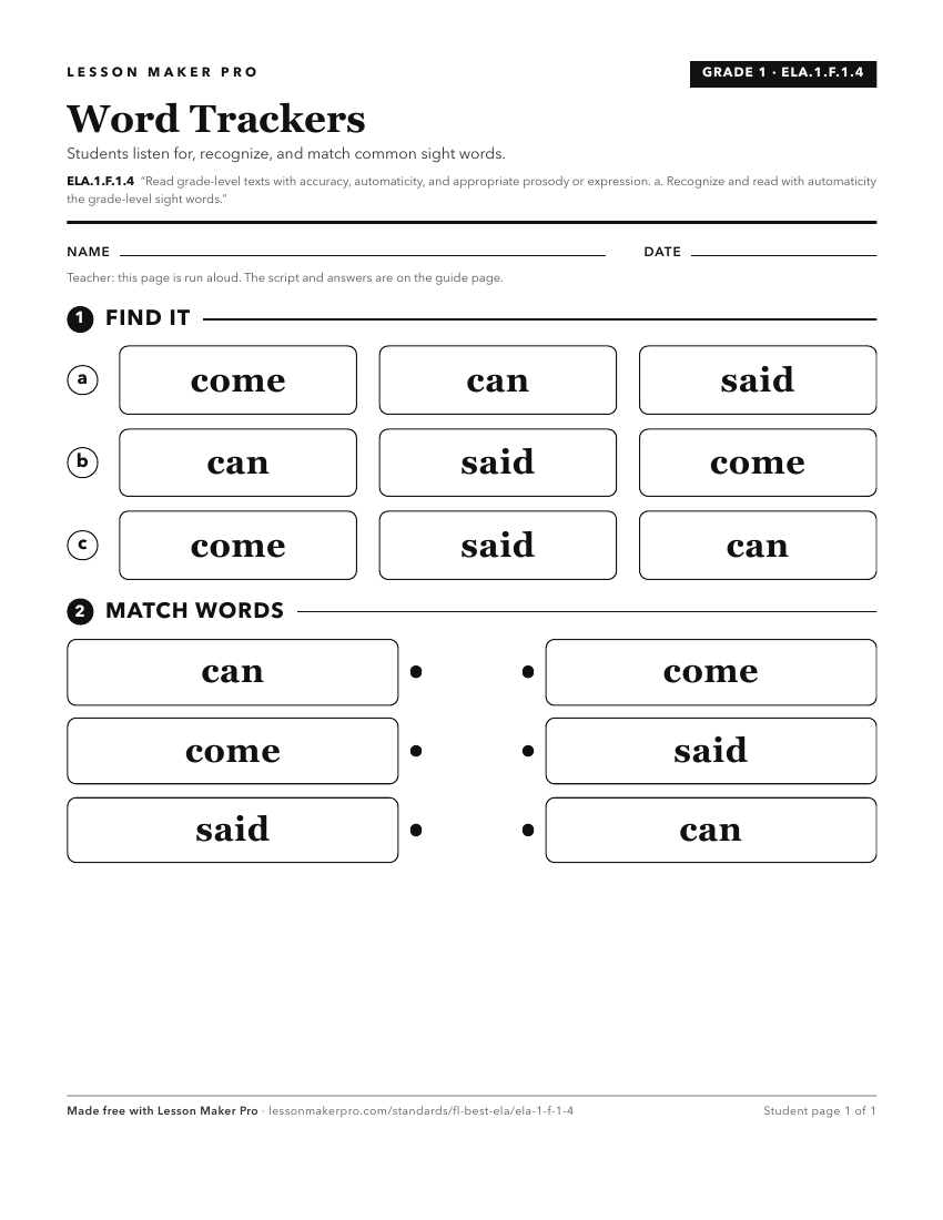 Preview of the ELA.1.F.1.4 printable worksheet