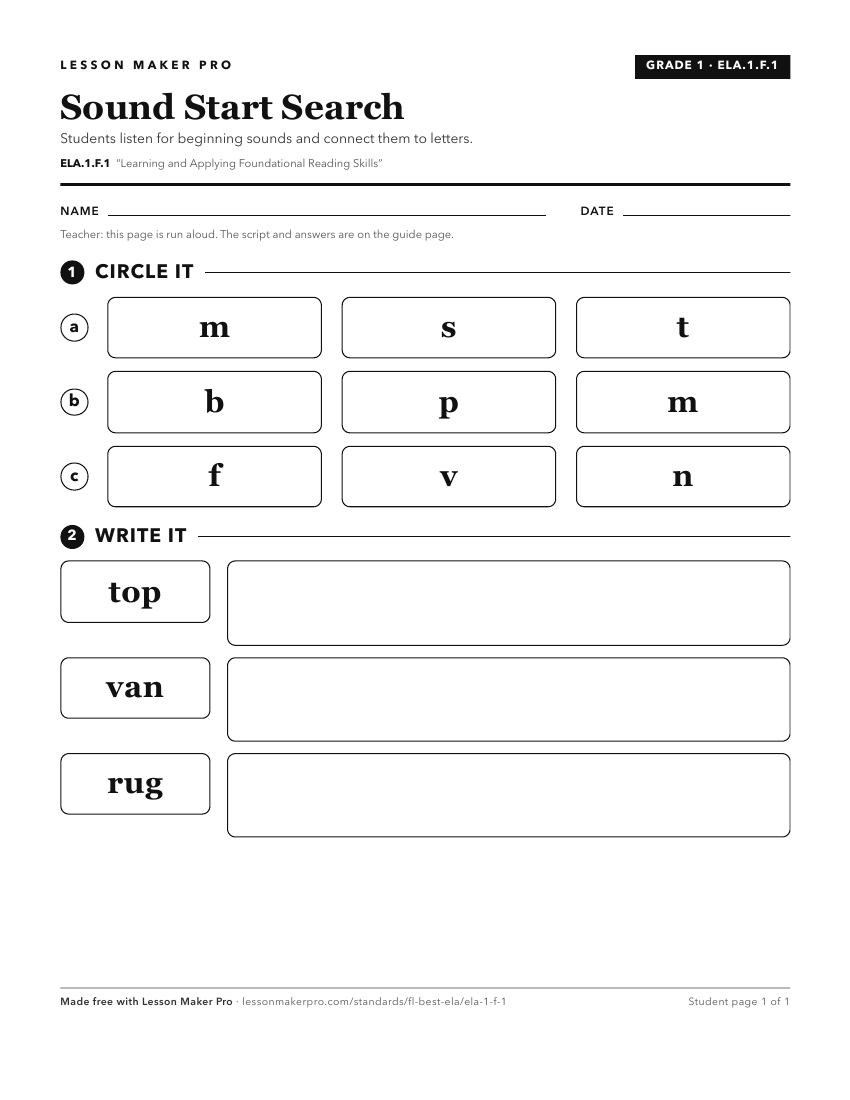 Preview of the ELA.1.F.1 printable worksheet
