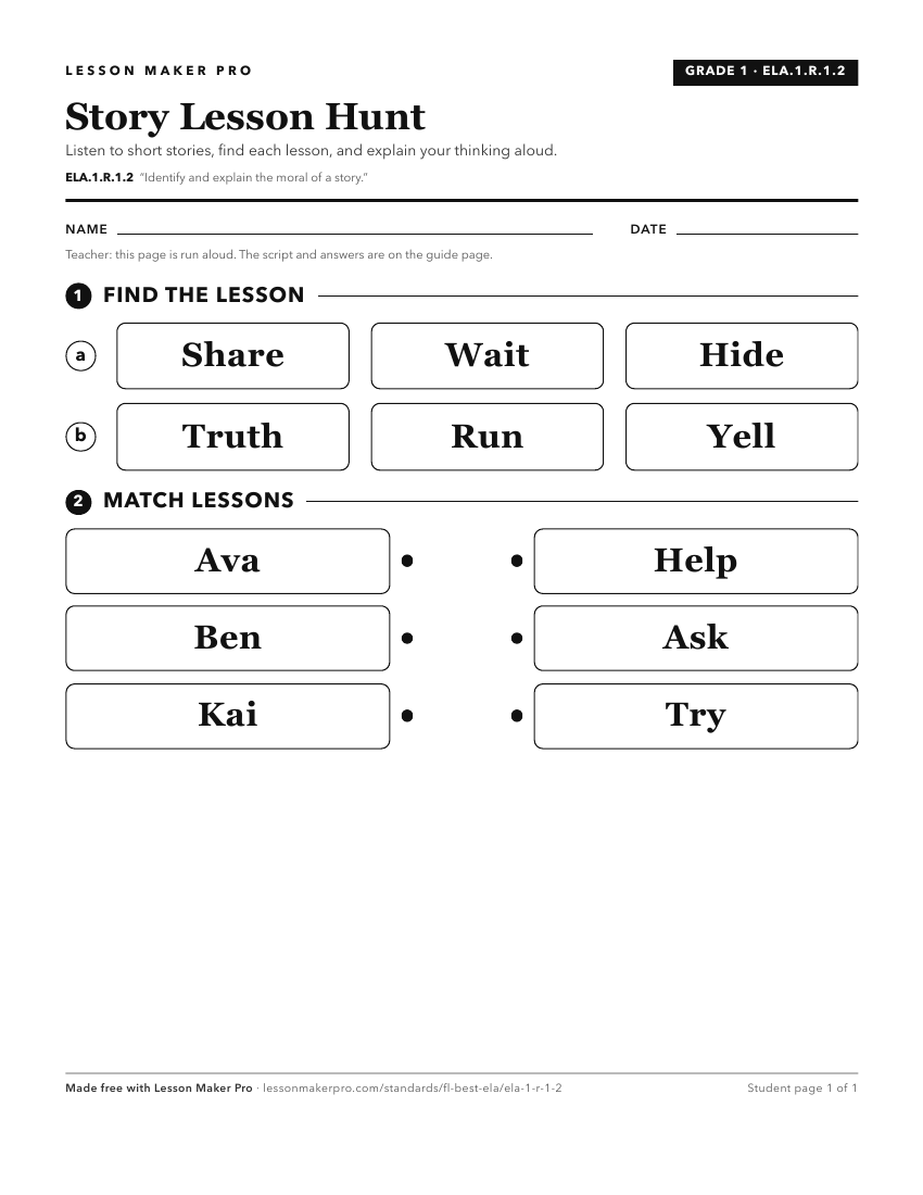 Preview of the ELA.1.R.1.2 printable worksheet