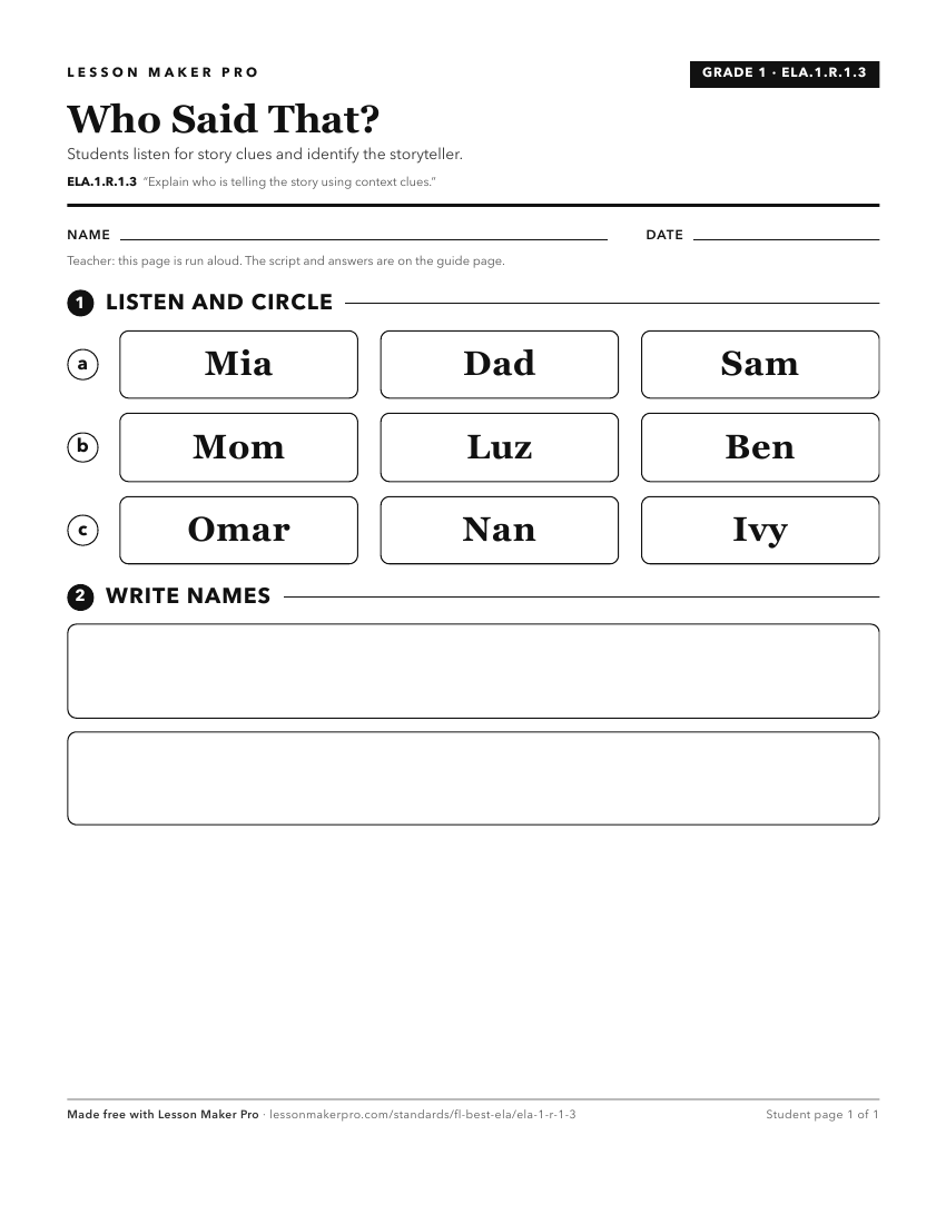 Preview of the ELA.1.R.1.3 printable worksheet