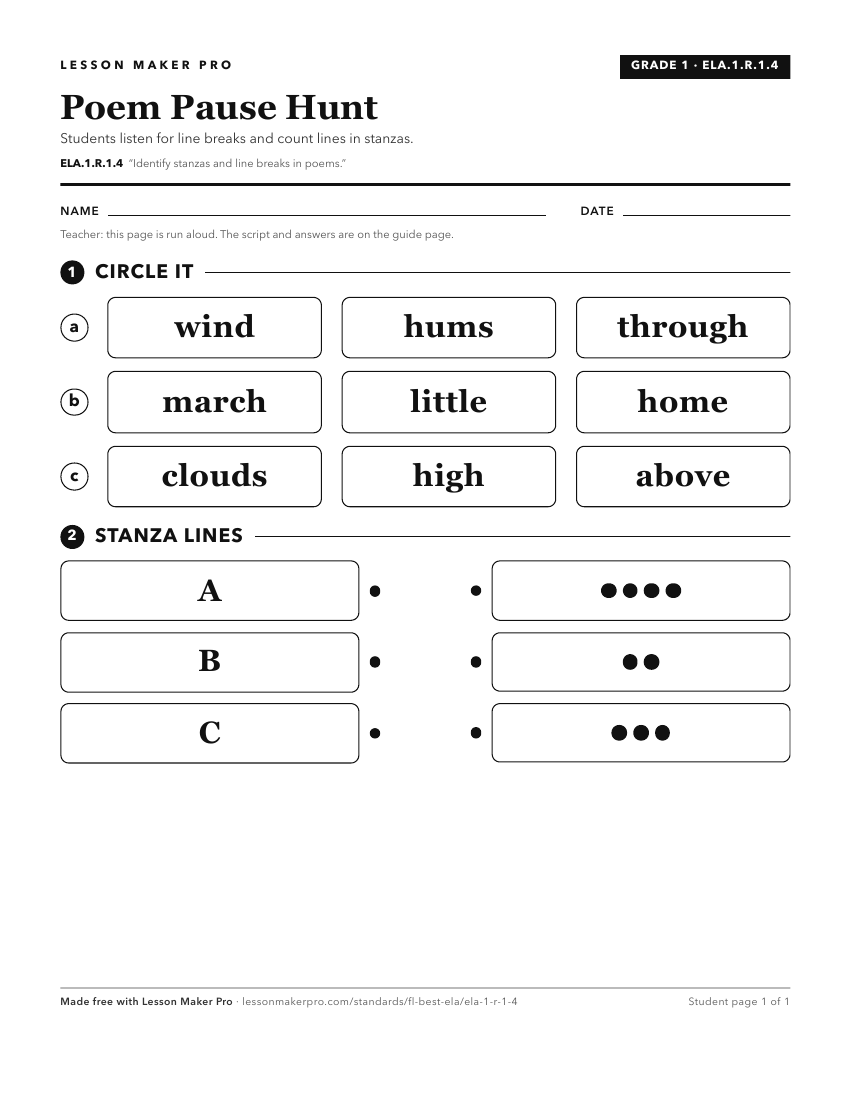 Preview of the ELA.1.R.1.4 printable worksheet