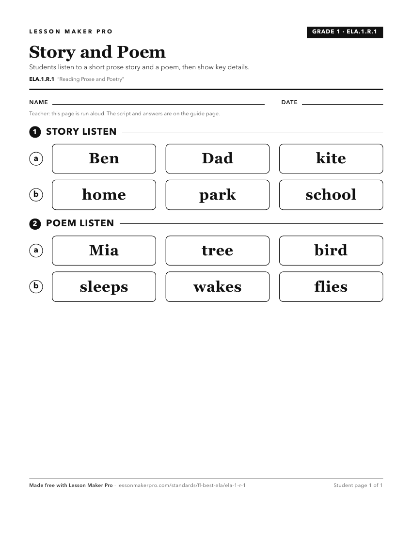 Preview of the ELA.1.R.1 printable worksheet