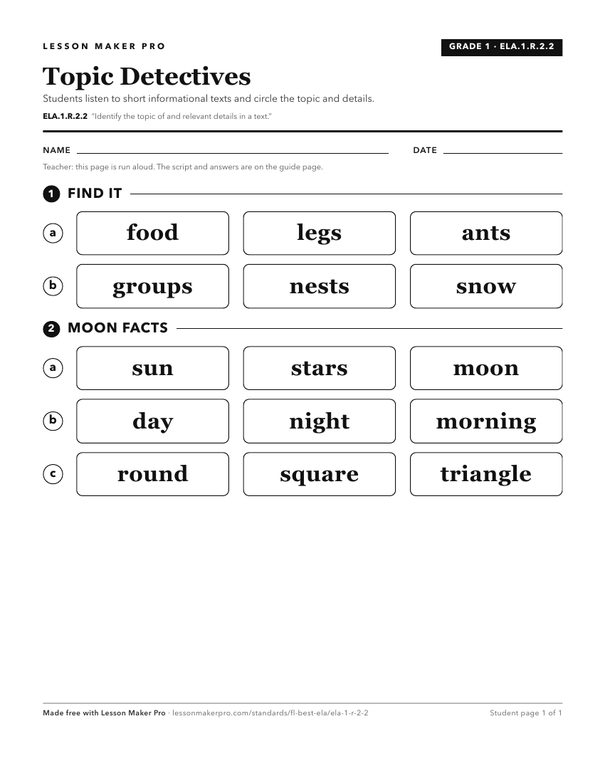 Preview of the ELA.1.R.2.2 printable worksheet