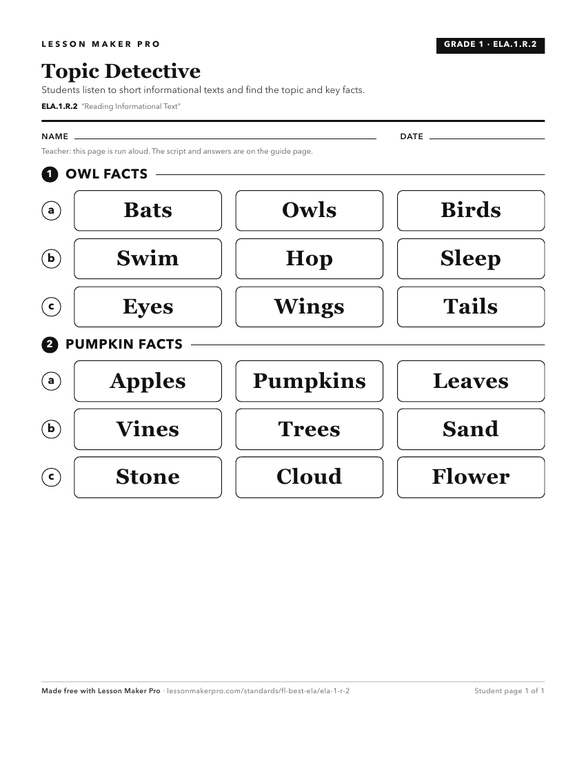 Preview of the ELA.1.R.2 printable worksheet