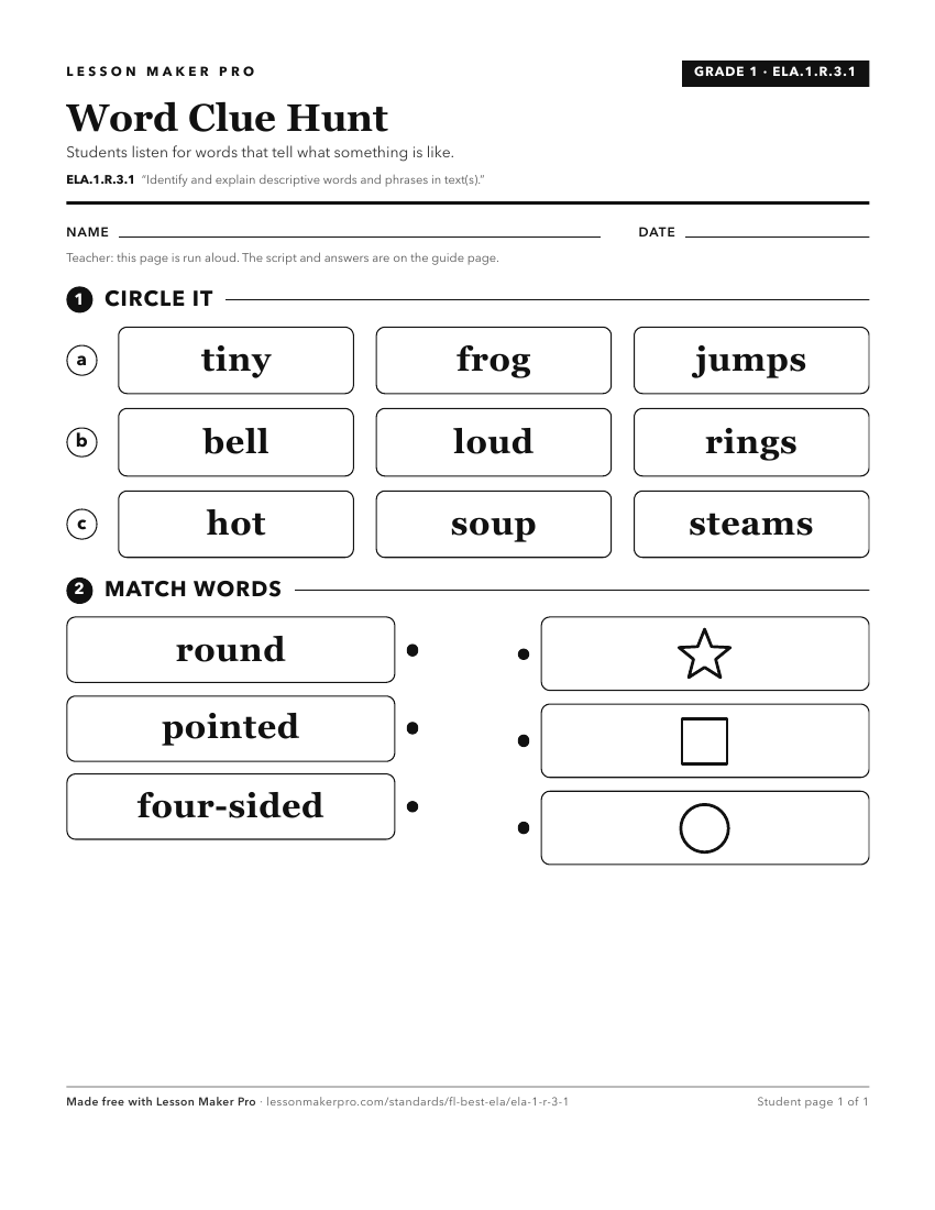 Preview of the ELA.1.R.3.1 printable worksheet
