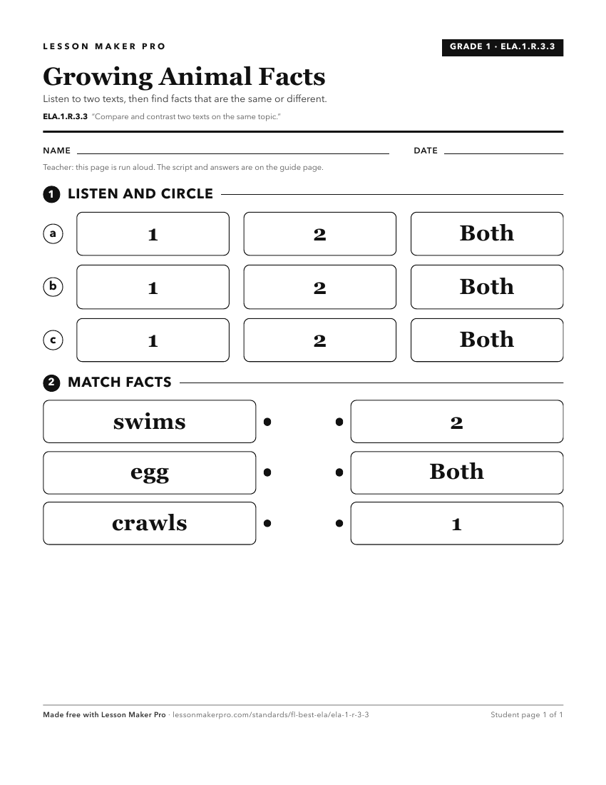 Preview of the ELA.1.R.3.3 printable worksheet