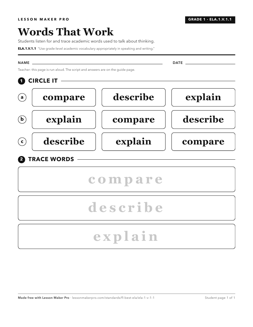 Preview of the ELA.1.V.1.1 printable worksheet
